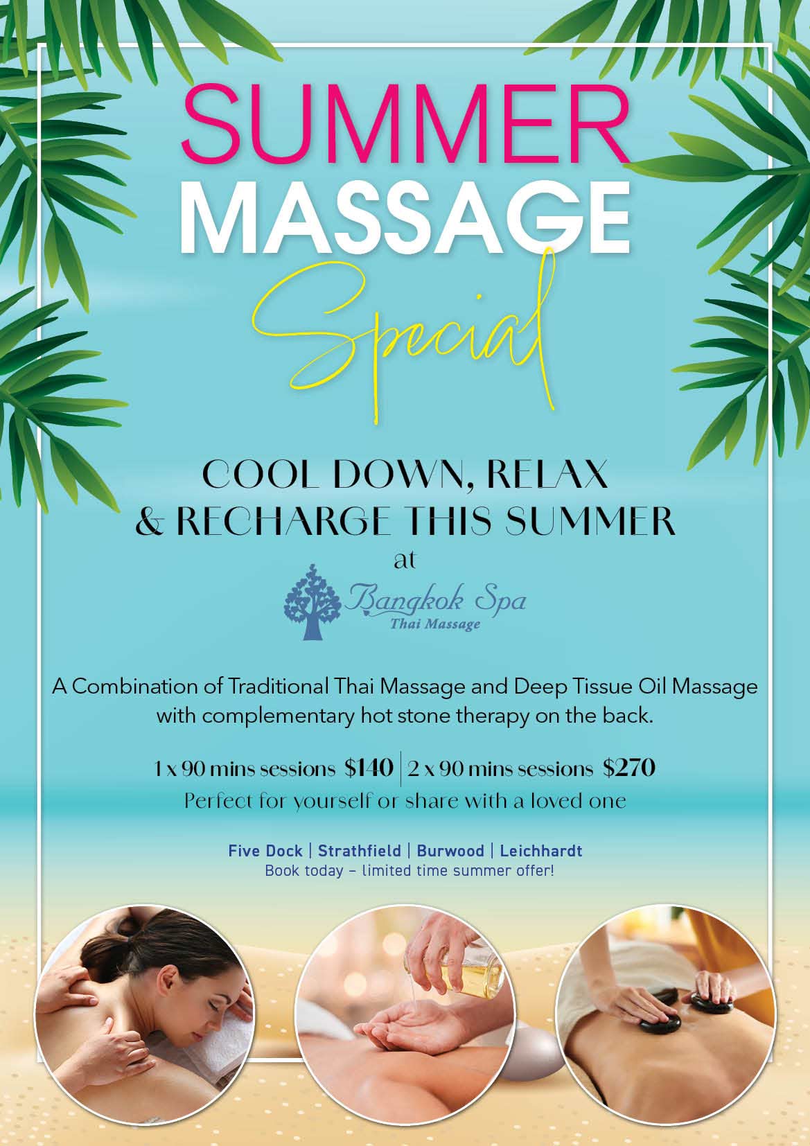 Bangkok Spa Thai Massage invites you to enjoy our seasonal wellness promotion: Combination of Thai Massage & Deep Tissue Oil Massage and Complimentary Hot Stone Therapy for ultimate relaxation.